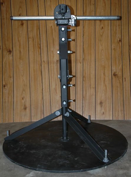 Rear view of stand, aiming bell, t-bar, and linear actuator bracket